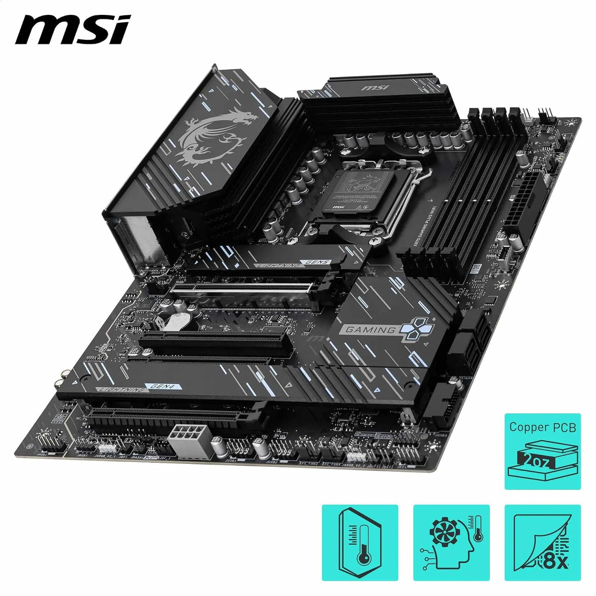 MSI X870 Gaming Plus WiFi V1 Motherboard, ATX-Compatible con procesadores AMD Ryzen 9000/8000/7000, AM5-60A SPS VRM, DDR5 Memory Boost 8200+ MT/s (OC), PCIe 5.0 x16 y 4.0 x16, M.2 Gen5, Wi-Fi 7. LAN