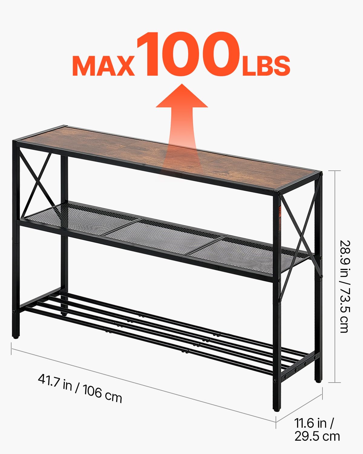 VEVOR - Mesa de sofá de Consola Estrecha, 105.8 cm detrás de la Mesa del sofá, Mesa de Entrada de 3 Niveles de Largo y Mesa de Pasillo Delgado, Mesa de sofá Estrecha con Marco de Metal, para Entrada,
