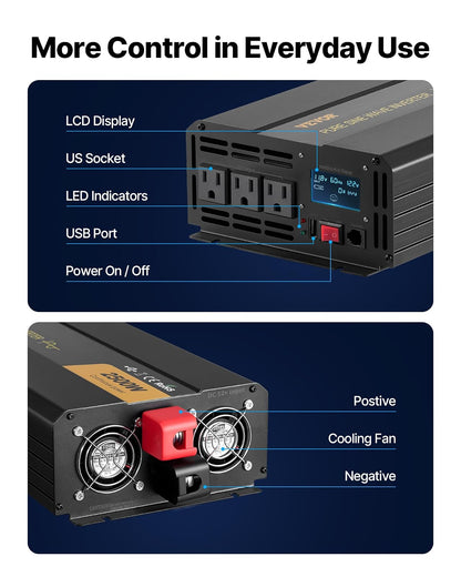 VEVOR Inversor de Onda sinusoidal Pura, inversor de Corriente de 2500 vatios, inversor de CC 12 V a CA 120 V, con Puerto USB, visualización LCD y convertidor de energía de Control Remoto, para RV,
