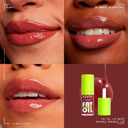 NYX PROFESSIONAL MAKEUP Fat Oil Lip Drip Gloss Tono Sprinkle Sprinkle, 4.8ml - Brillo labial efecto jugoso hasta por 12H, infusionado con aceite de aguacate, mora y frambuesa, sin sensación pegajosa, fórmula vegana