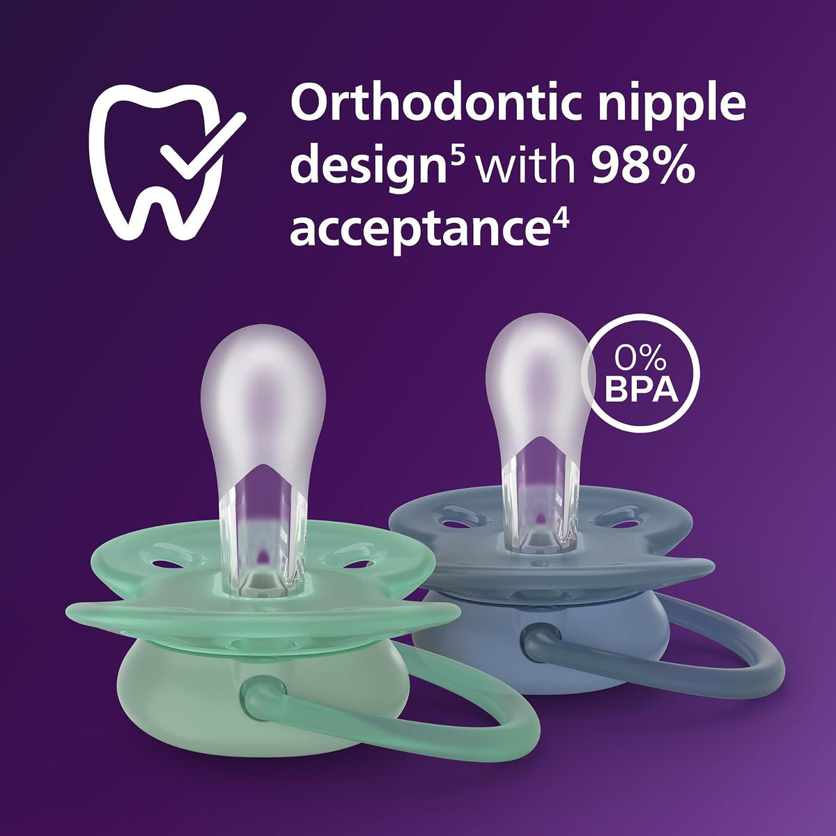 Philips Avent - Chupones ultra suaves, diseño ortodóntico, para bebés de 6 a 18 meses, escudo flexible, pezón simétrico de silicona, sin BPA, 2 fundas esterilizadoras, paquete de 4, SCF091/51