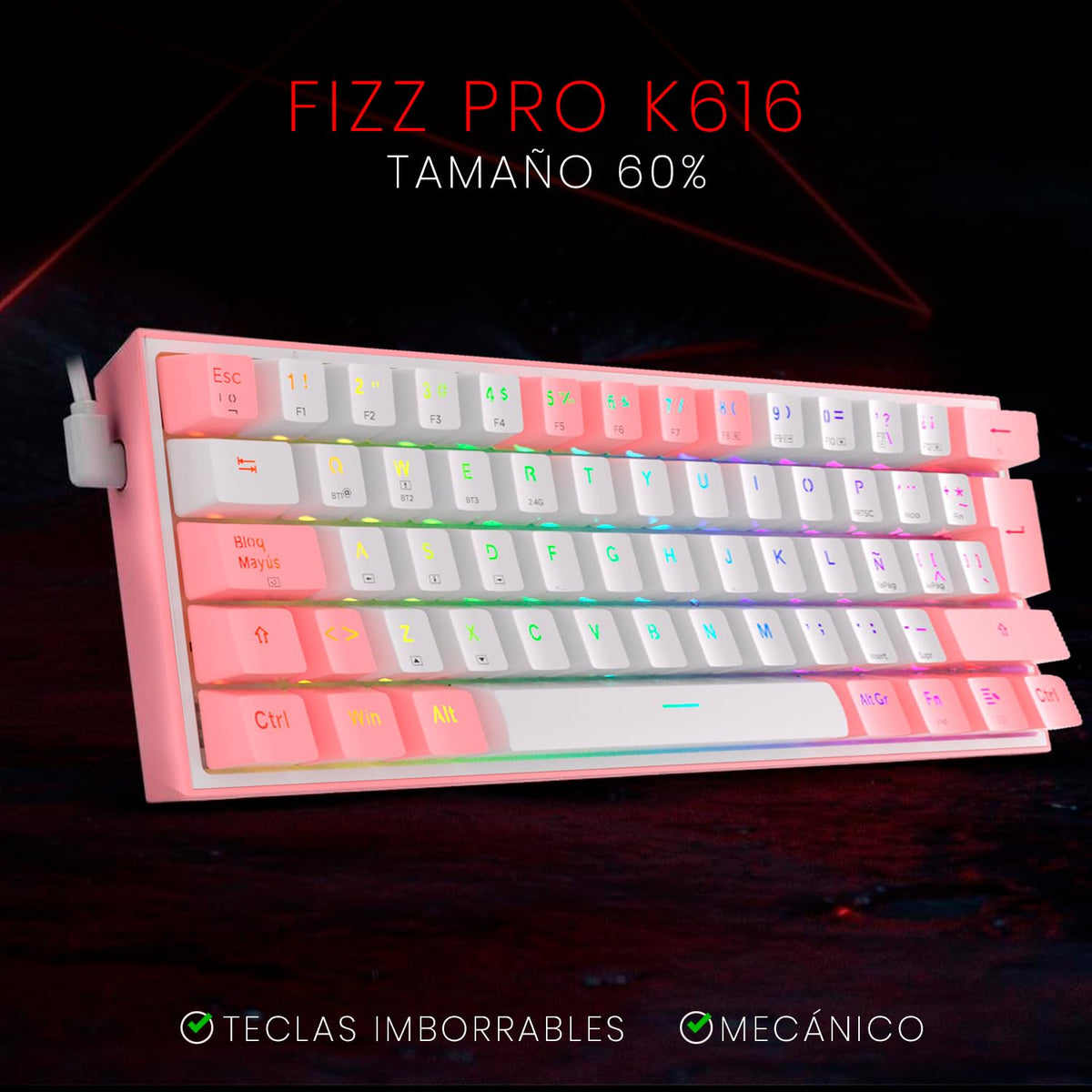Redragon Teclado mecánico Fizz Pro Blanco/Rosa K616-RGB-WP SP Español Latinoamerica, tamaño 60%, RGB, Wireless dongle USB 2.4Ghz, Bluetooth 5.0, Compacto de 61 Teclas, switches Red, Software
