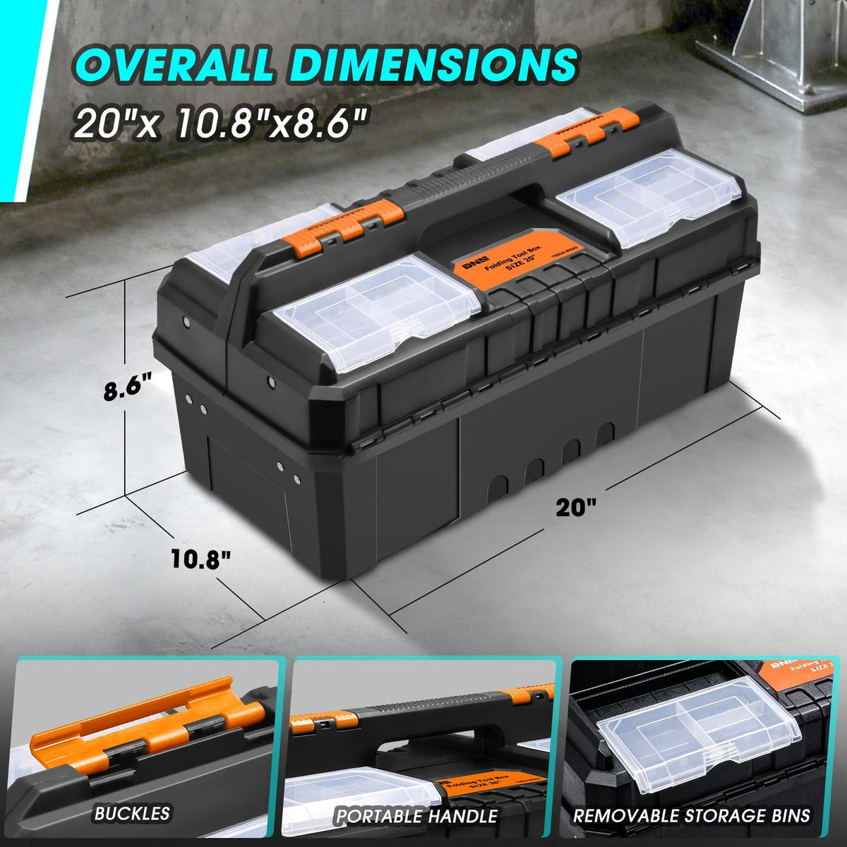 DNA Motoring Caja de Herramientas de plástico de 2 Capas con Cerradura Caja de Herramientas Plegable portátil Bandeja divisoria Organizadores de Herramientas, con asa, Naranja/Negro, TOOLS-00503