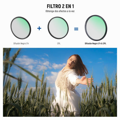 NEEWER 2 en 1 CPL + Difusión Negra 1/4 para Filtro de Efecto Cinematográfico de Niebla, Reducción de Deslumbramiento con Polarización Circular Efecto Cinematográfico Ensueño para Lente Cámara, 58mm