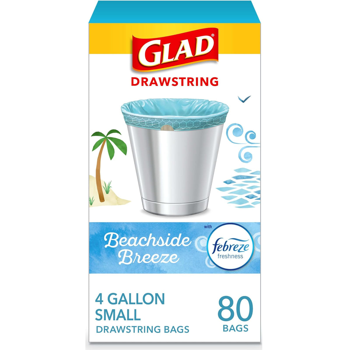 Glad OdorShield Small Drawstring Trash Bags - Febreze Beachside Breeze - 4 Gallon - 80 Count