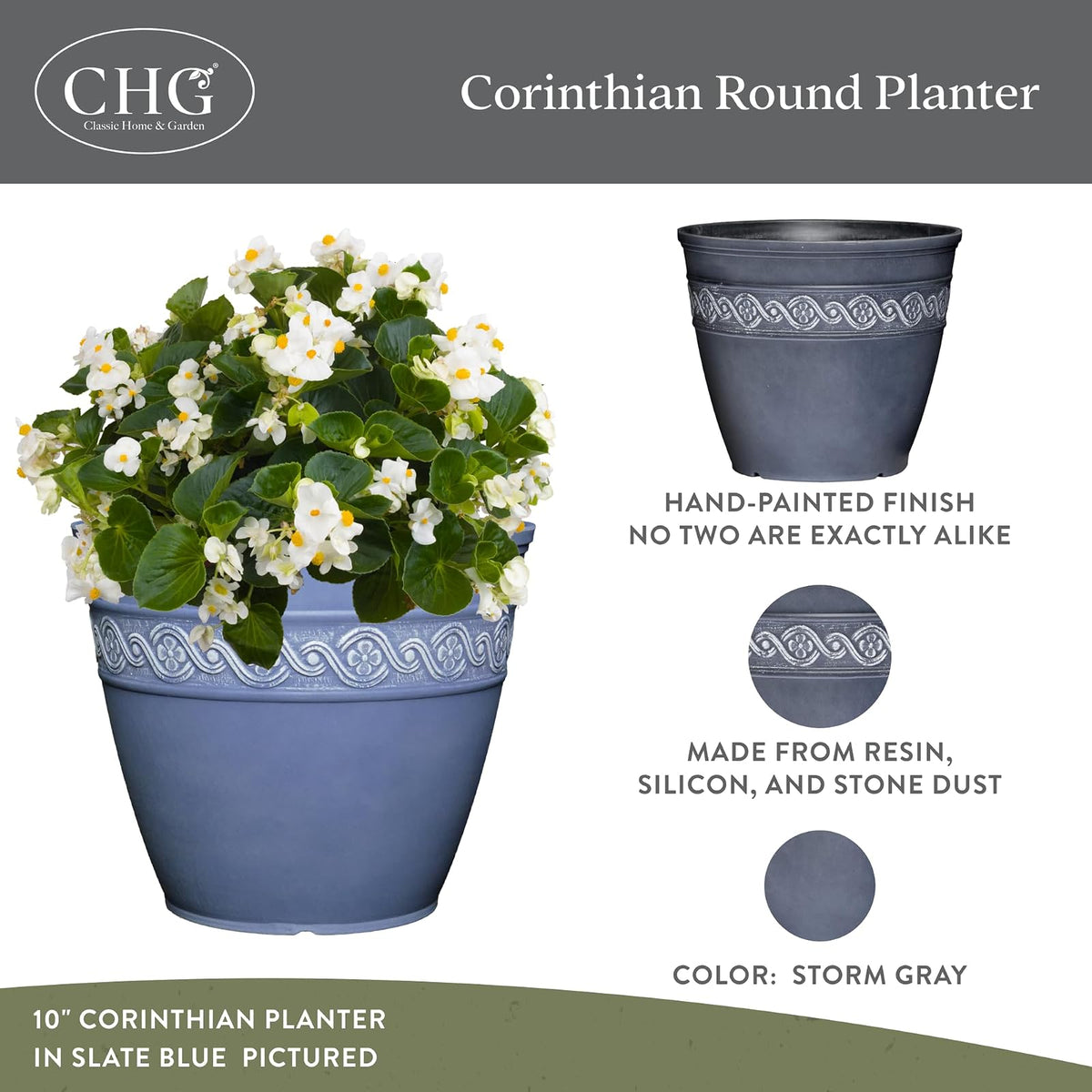 Classic Home and Garden - Maceta de Resina corintia, Maceta Redonda para Plantas y Flores (10 Pulgadas, Color Gris tormenta, Paquete de 1)