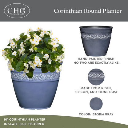 Classic Home and Garden - Maceta de Resina corintia, Maceta Redonda para Plantas y Flores (10 Pulgadas, Color Gris tormenta, Paquete de 1)