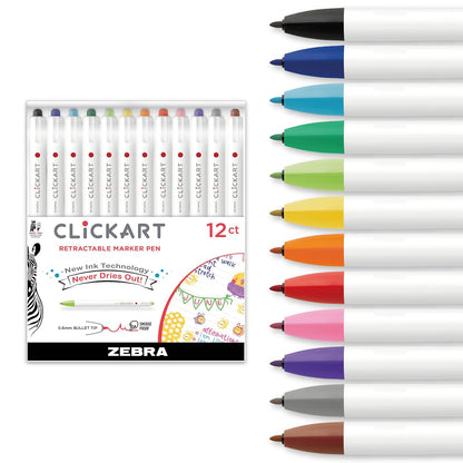 Zebra ClickArt Marcadores Retráctiles Punta Fina 0.6 mm, 12 Piezas - Variado - 12 Count (Pack of 1)