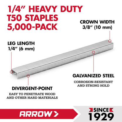 Arrow Fastener 504IP - Grapas T50 resistentes para tapicería, construcción, muebles, manualidades, tamaño de corona de 3/8 pulgadas, longitud de pierna de 1/4 pulgadas, paquete de 5000