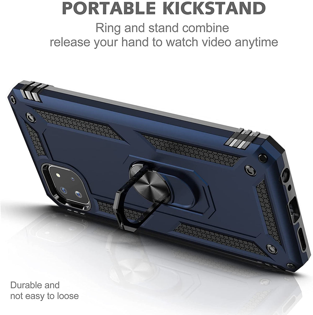 BestMX Funda para Samsung Galaxy A22 (5G Version) Case + Protector de Pantalla de Cristal Templado + Lens Mica, Híbrida Rugged Protección Dual Layer Bumper Carcasa con Pie De Apoyo, Azul