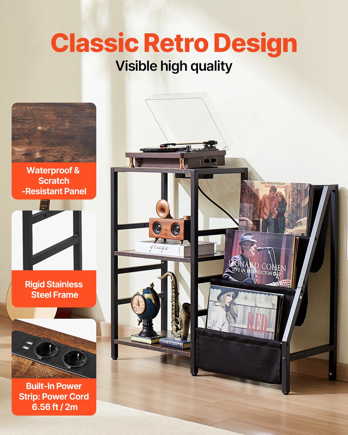 VEVOR - Soporte para Reproductor de Discos con estación de Carga y Puertos USB, Capacidad para hasta 200 álbumes, Soporte Giratorio de 3 Niveles con Almacenamiento de Discos de Vinilo, Mesa de