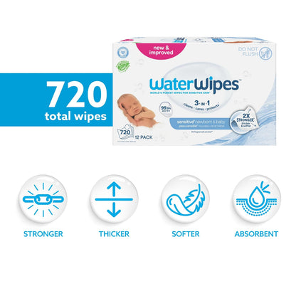 WaterWipes Toallitas biodegradables Originales para bebé, 99.9% a Base de Agua, sin Perfume e hipoalergénicas para Pieles sensibles, 60 Unidades (Paquete de 12) – El Embalaje Puede Variar