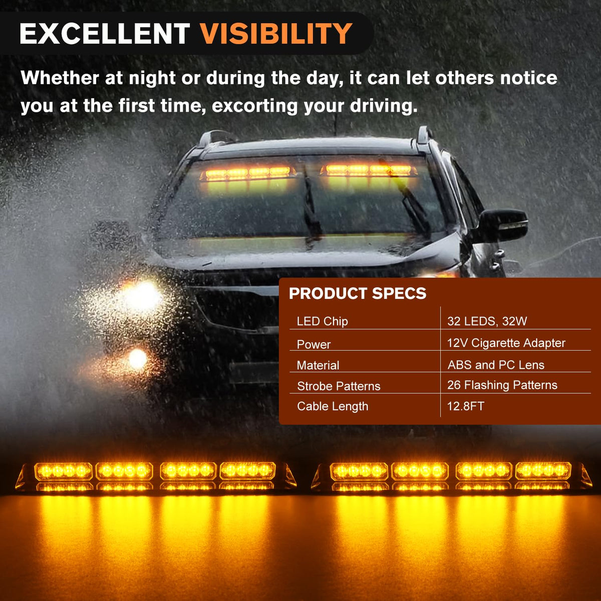 Nilight 32LED Amber Emergency Dash Strobe Lights with Controller Suction Cups Warning Hazard Interior Front/Rear Windshield Deck Split Light Bar for Trucks Construction Vehicles | Barra de luz dividida para cubierta de parabrisas delantero/trasero para ca
