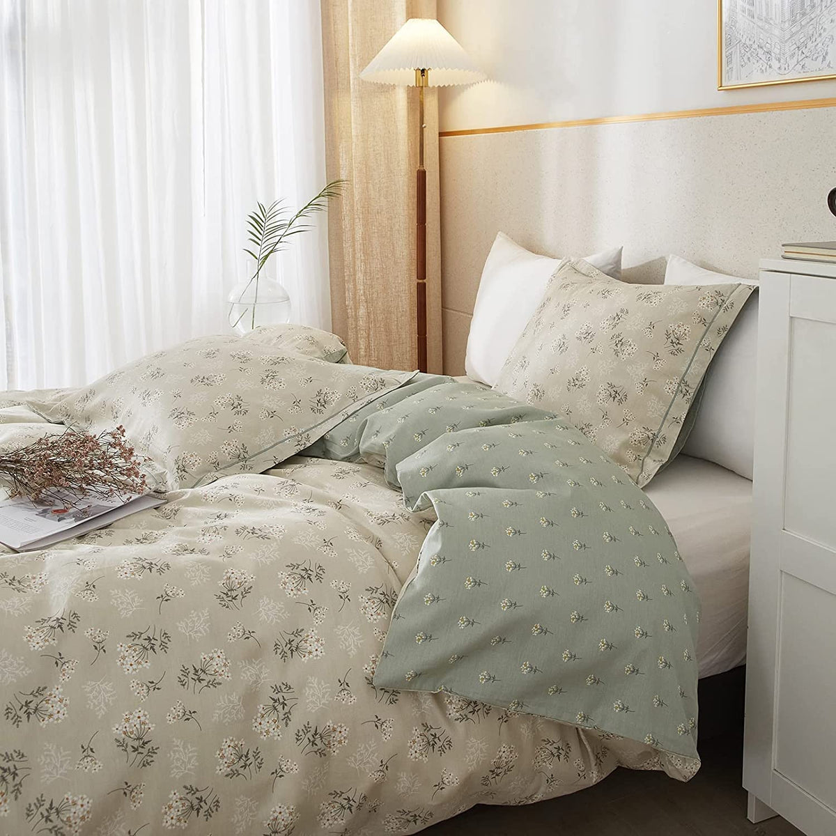 AMWAN - Juego de Funda de edredón Floral de algodón Bohemio para niños y niñas, Juego de Ropa de Cama con Estampado Floral Beige y Verde, Funda de edredón Suave con Cierre de Cierre