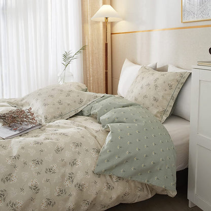 AMWAN - Juego de Funda de edredón Floral de algodón Bohemio para niños y niñas, Juego de Ropa de Cama con Estampado Floral Beige y Verde, Funda de edredón Suave con Cierre de Cierre