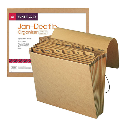 Smead Expanding File, Monthly (Jan.-Dec.), 12 Pockets, Flap and Cord Closure, Letter Size, Kraft (70186)