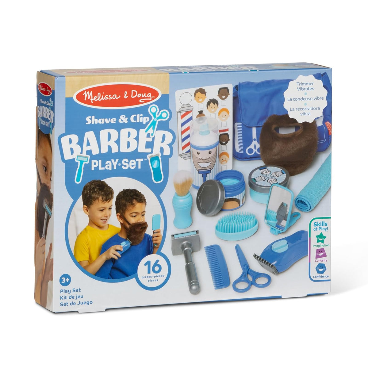 Melissa & Doug - Set de Juego de Barbería - Set de 16 Piezas con Barba, navajas y Productos de Cuidado de Juego, para Juego de Roles Realista y Creativo, para niños a Partir de 3 años