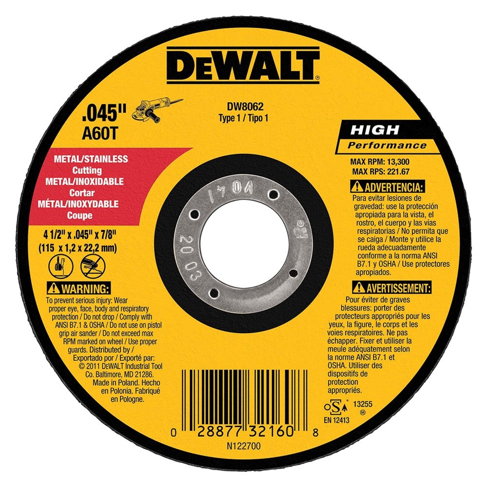 DeWalt DW8062 - Rueda de corte delgada de metal de 4-1/2 pulgadas x 045 x 7/8 pulgadas, paquete de 10