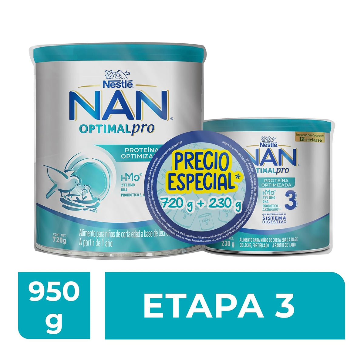 NAN 3 Optimal Pro, Alimento Para Niños de Corta Edad A Partir de 1 a 2 Años, Fortificado Pack de 1 Lata de 720 g + 1 Lata de 230 g