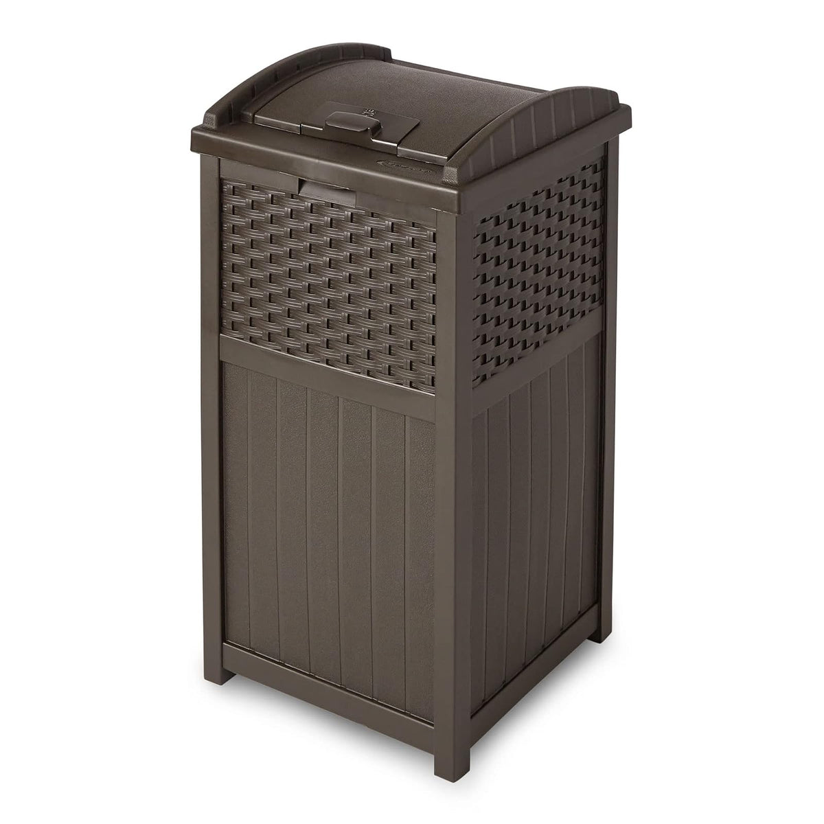 Suncast - Escondite de Basura Comercial para Exteriores de 33 galones con Tapa para Bolsas de Basura de 30 a 33 galones para cochera, Patio Trasero o jardín, café