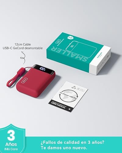 INIU Power Bank, Pequeño 20000mAh 22,5W Carga Rapida Bateria Phone Externa | Cable USB C Desmontable, Apto para Avión, Esenciales de Viaje, Bateria Portatil para iPhone 17, Samsung, iPad, etc. [Rojo]