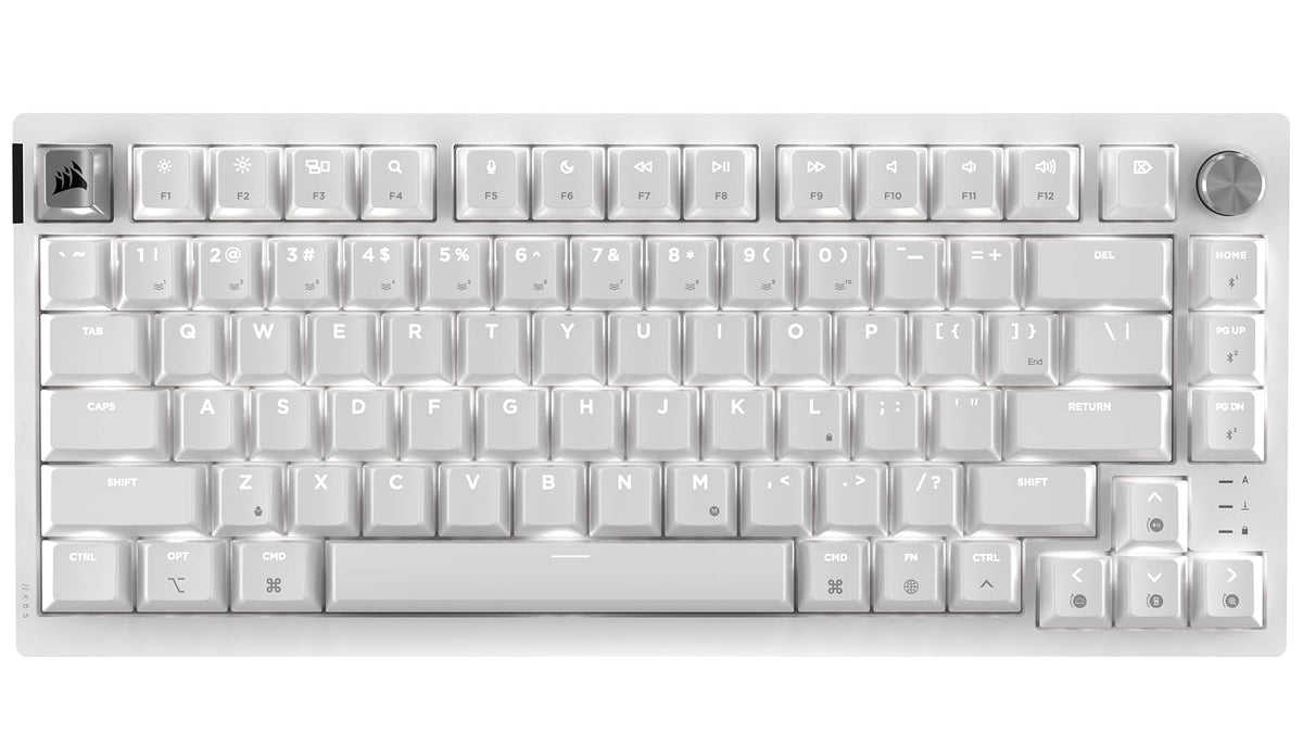 Corsair K65 Plus Teclado mecánico inalámbrico 75% RGB intercambiable en caliente para Mac y iPad – Interruptores lineales MLX Red v2 prelubricados, amortiguamiento de sonido – Diseño QWERTY NA, blanco