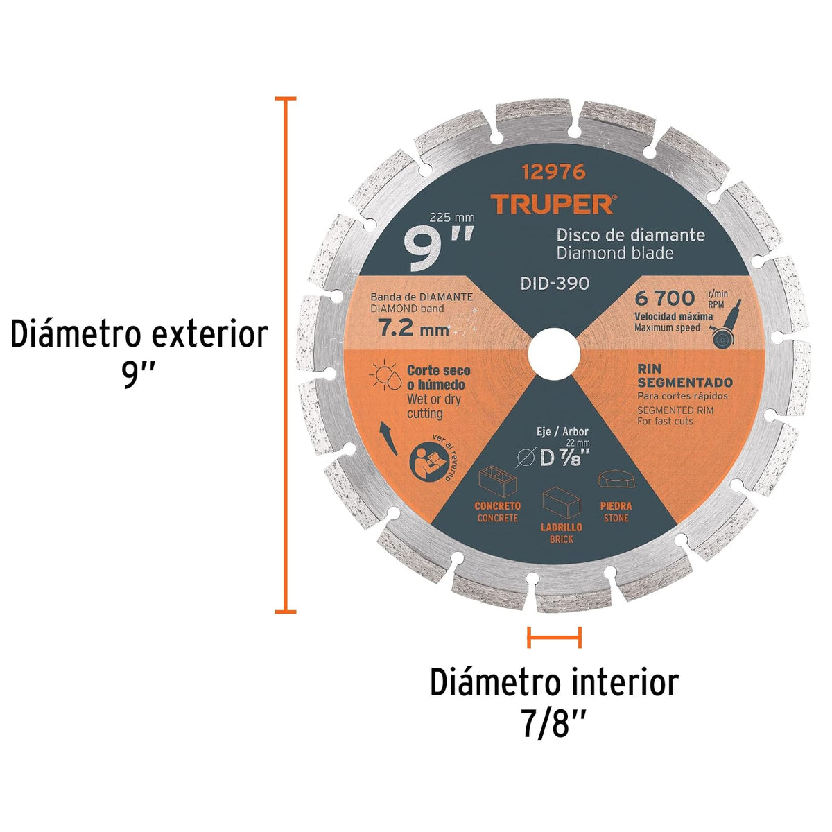 Truper DID-390, Disco de diamante de 9" x 2.7 mm, rin segmentado
