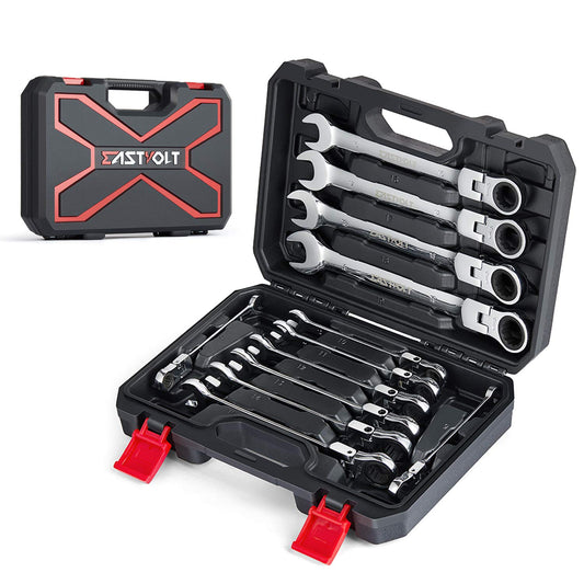 Eastvolt EVHT1201 - Juego de llaves de trinquete de cabeza flexible, métricas de 8 mm a 19 mm, kits de llaves combinadas de acero al cromo vanadio con caja de herramientas, juego de 12 piezas
