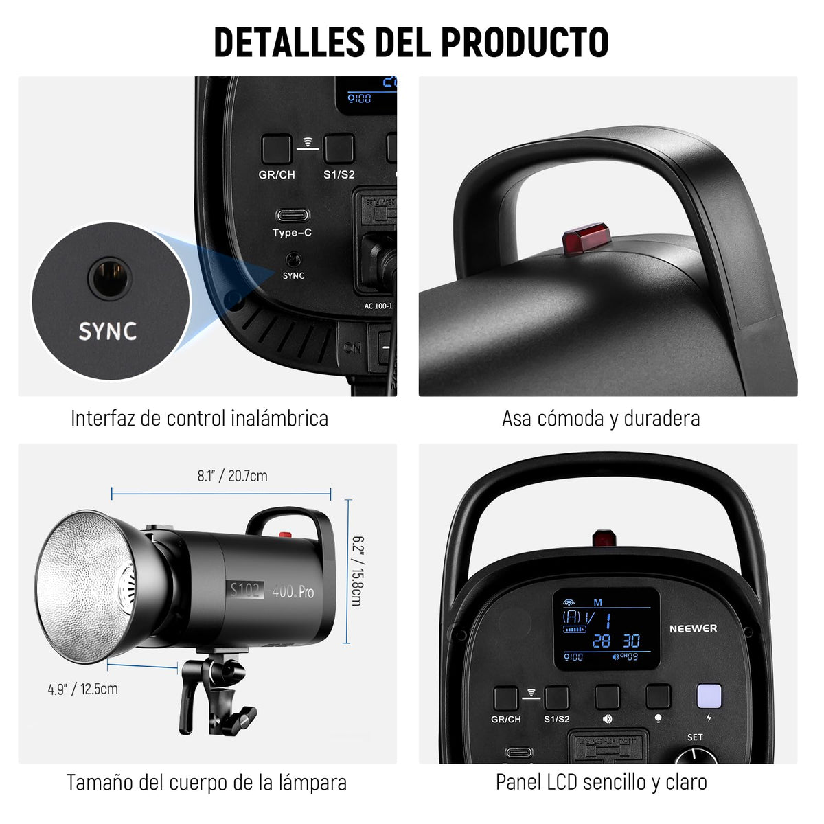 NEEWER S102-400W Pro Fash Luz Strobe con Disparador 2.4G, 400Ws GN62 5600K con 30W Lámpara de Modelar LED Reflector Montaje Bowens Modo S1/S2 Ventilador para Fotografía Productos,Compatible con QPRO