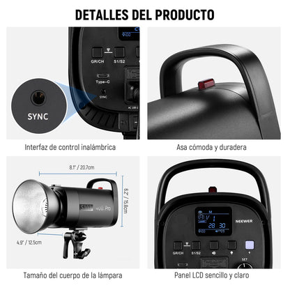 NEEWER S102-400W Pro Fash Luz Strobe con Disparador 2.4G, 400Ws GN62 5600K con 30W Lámpara de Modelar LED Reflector Montaje Bowens Modo S1/S2 Ventilador para Fotografía Productos,Compatible con QPRO