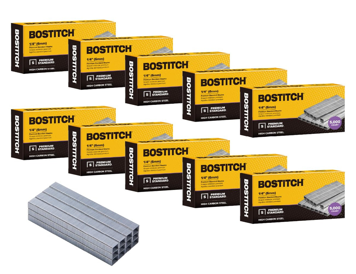 Bostitch Grapas de Oficina Premium, Estándar, 1/4 Pulgadas, Plateadas, 210 por Tira, 5000 por Caja, Paquete de 10 - Paquete de 10