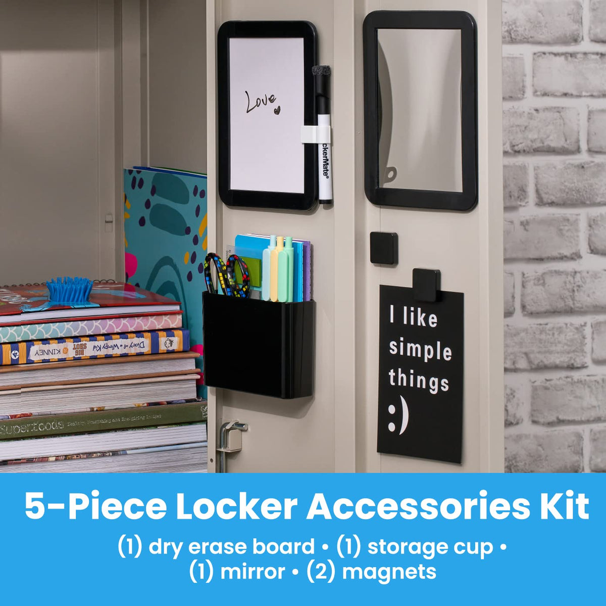 LockerMate Kit Organizador de 6 Piezas, Incluye Espejo, Pizarra Blanca, Taza de Almacenamiento y Marcador de borrado en seco, Negro