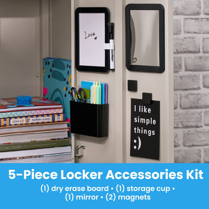 LockerMate Kit Organizador de 6 Piezas, Incluye Espejo, Pizarra Blanca, Taza de Almacenamiento y Marcador de borrado en seco, Negro