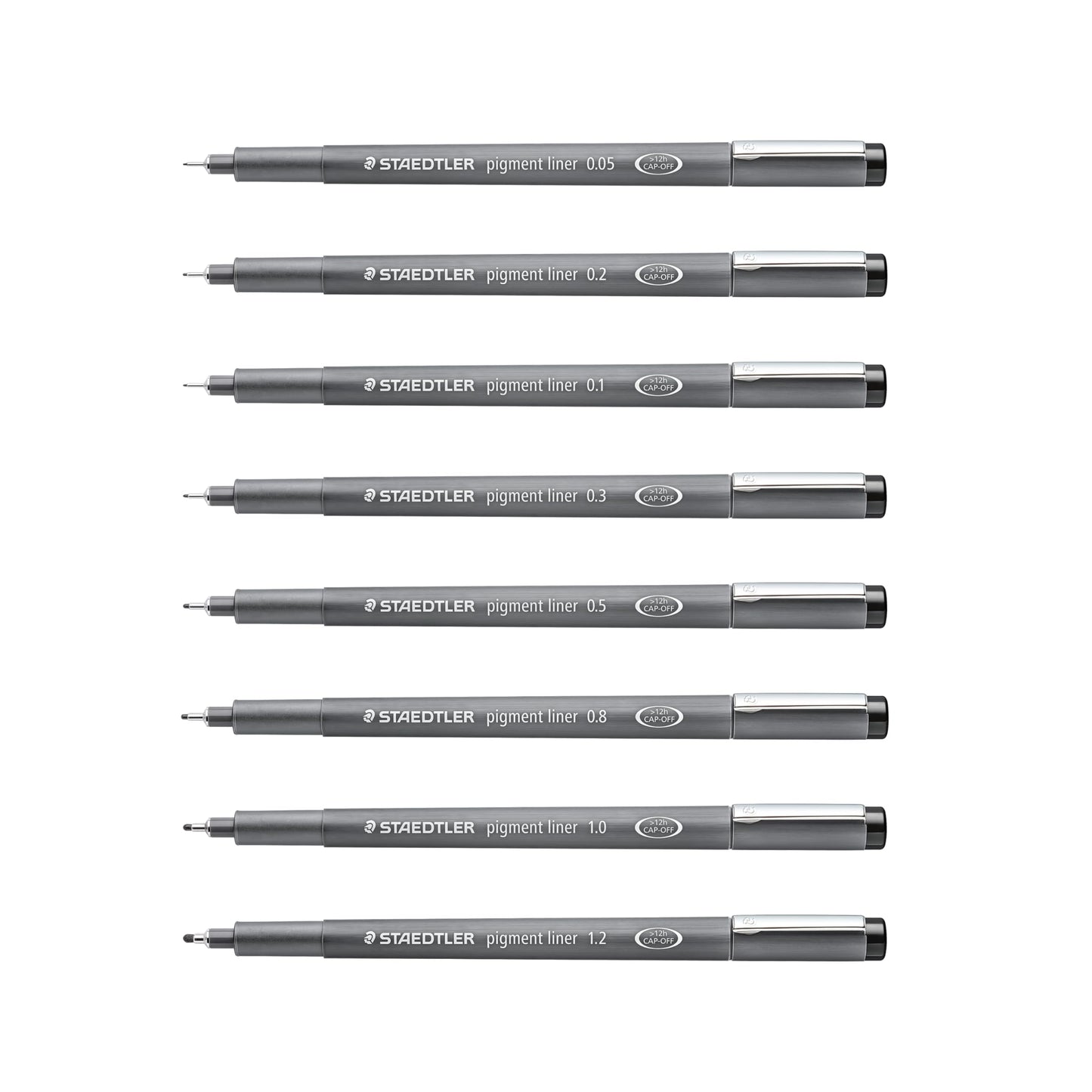 STAEDTLER - Rotulador de pigmento, color negro, 8 bolígrafos, anchos de línea surtidos, 0.05 mm, 0.1 mm, 0.2 mm, 0.3 mm, 0.5 mm, 0.8 mm, 1.0 mm, 1.2 mm