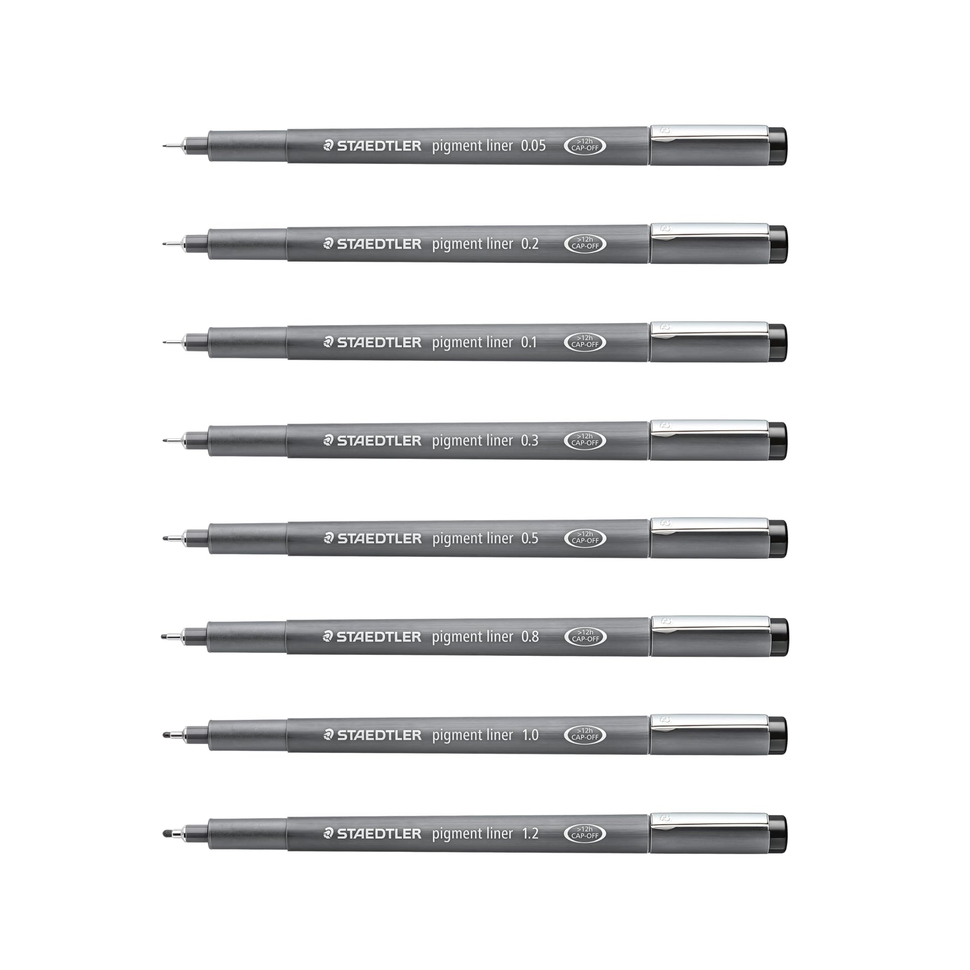 STAEDTLER - Rotulador de pigmento, color negro, 8 bolígrafos, anchos de línea surtidos, 0.05 mm, 0.1 mm, 0.2 mm, 0.3 mm, 0.5 mm, 0.8 mm, 1.0 mm, 1.2 mm