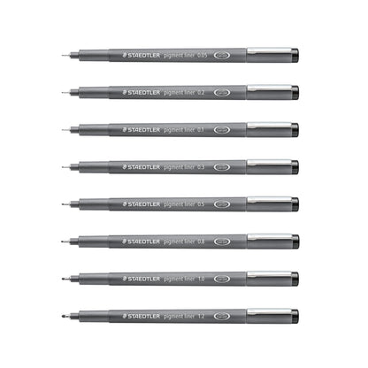 STAEDTLER - Rotulador de pigmento, color negro, 8 bolígrafos, anchos de línea surtidos, 0.05 mm, 0.1 mm, 0.2 mm, 0.3 mm, 0.5 mm, 0.8 mm, 1.0 mm, 1.2 mm