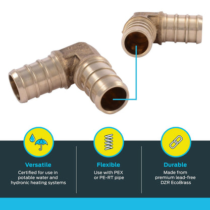 SharkBite Codo de 90 grados de 90 grados, paquete de 10, ajuste de fontanería de latón, tubo PEX, PE-RT, UC256LFA10
