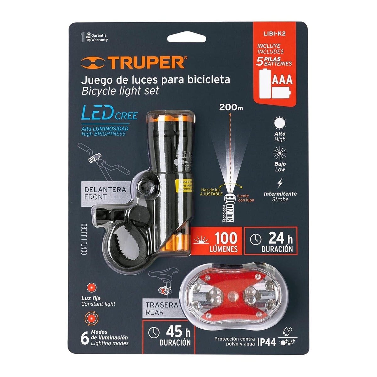 Truper LIBI-K2, Juego de Linterna Delantera y Trasera para Bicicleta