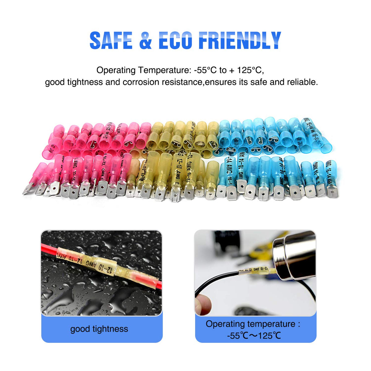 Nilight 250 Conectores de Pala Termorretráctiles Macho y Hembra 22-10AWG | Rojo/Azul/Amarillo, 22-10 AWG, macho y hembra, tubo de doble pared, sellado adhesivo