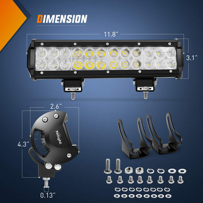 Nilight Barra de luz LED, 2 Unidades, 12 Pulgadas, 72 W, Combo de inundación de Puntos con arnés de cableado Todoterreno, 2 años de garantía (ZH030)