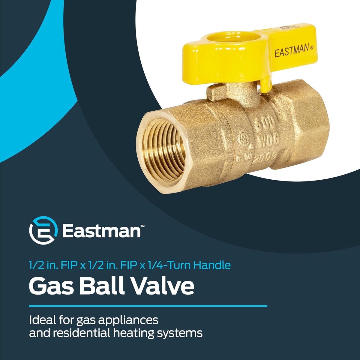 Eastman 60009 - Válvula de bola de gas recta FIP de 1/2 pulgada con mango de 1/4 giro, accesorio de fontanería de latón, 60009