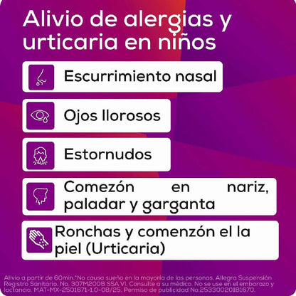Allegra suspensión pediátrica para estornudos y escurrimiento nasal, 150ml.