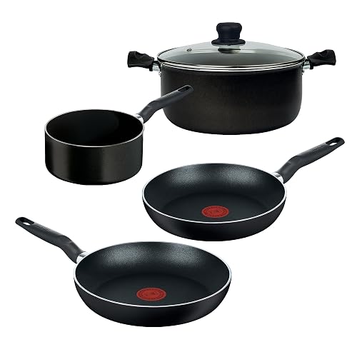 T-fal Batería de Cocina 5 Piezas Vital, color Negro, con Antiadherente Easy Plus, Thermo-Señal, Calor Uniforme, Fácil Limpieza, 390900