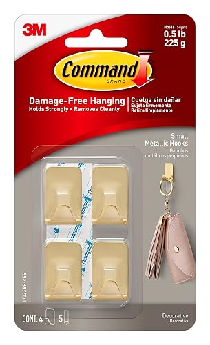 Command - Ganchos metálicos pequeños de color latón, 4 ganchos y 5 tiras de comando, ganchos de pared sin daños con tiras adhesivas, ganchos adhesivos sin herramientas para colgar la decoración del