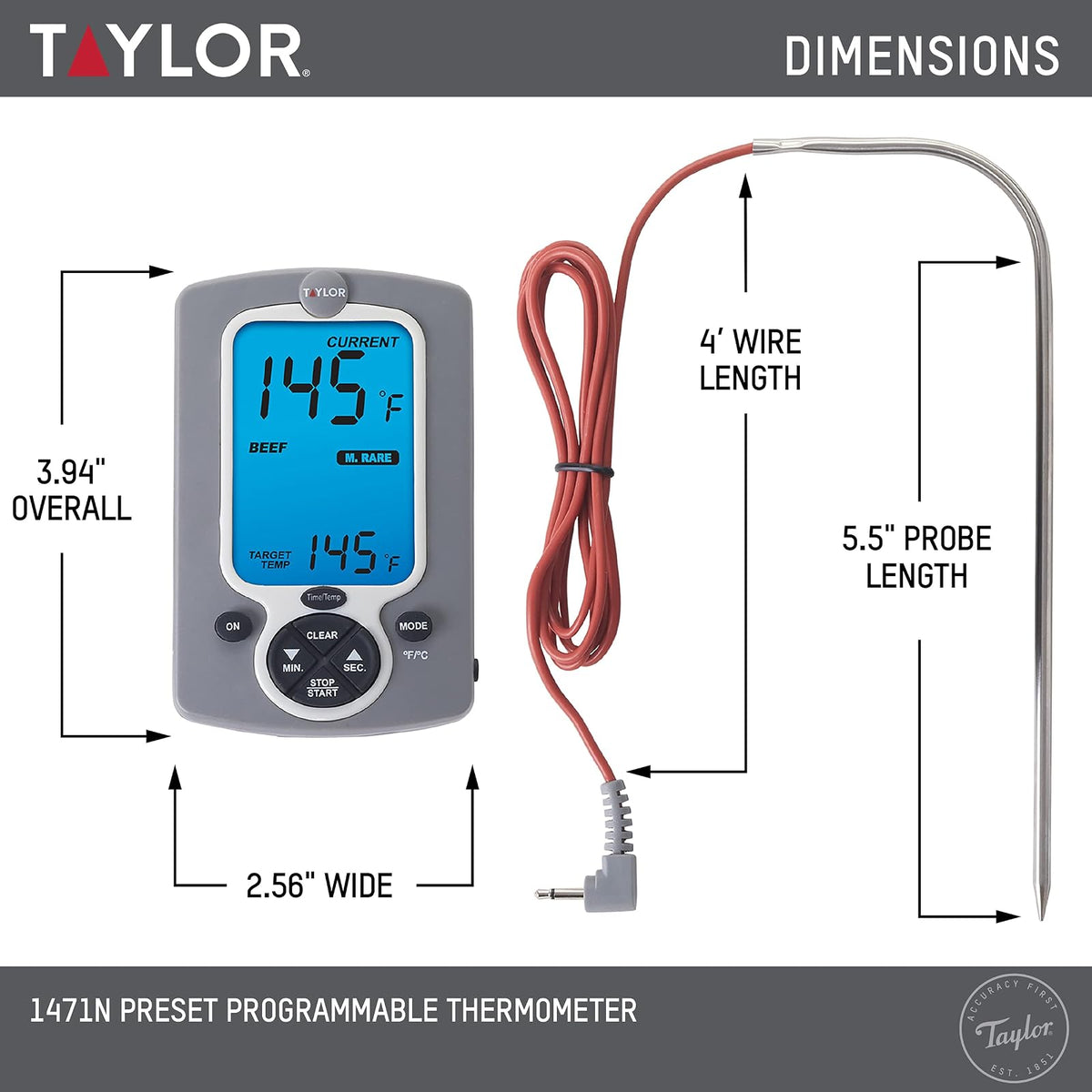 Taylor Instant Read - Sonda Digital con Cable para Carne, Comida y Barbacoa, termómetro de Cocina, Color Blanco