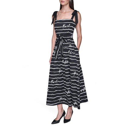Karl Lagerfeld Cotton Sateen Printed Belted Midi Dress with Bow Tie Straps Vestido Informal Mujer