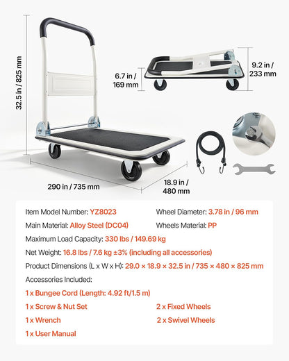 VEVOR Carro Plataforma Plegable 735 x 480 mm, Carretilla de Transporte Carga de 149,69 kg, Carrito Portaequipajes con Plataforma con Ruedas de PP de 96 mm, para Tareas Domésticas, Almacén, Mudanza