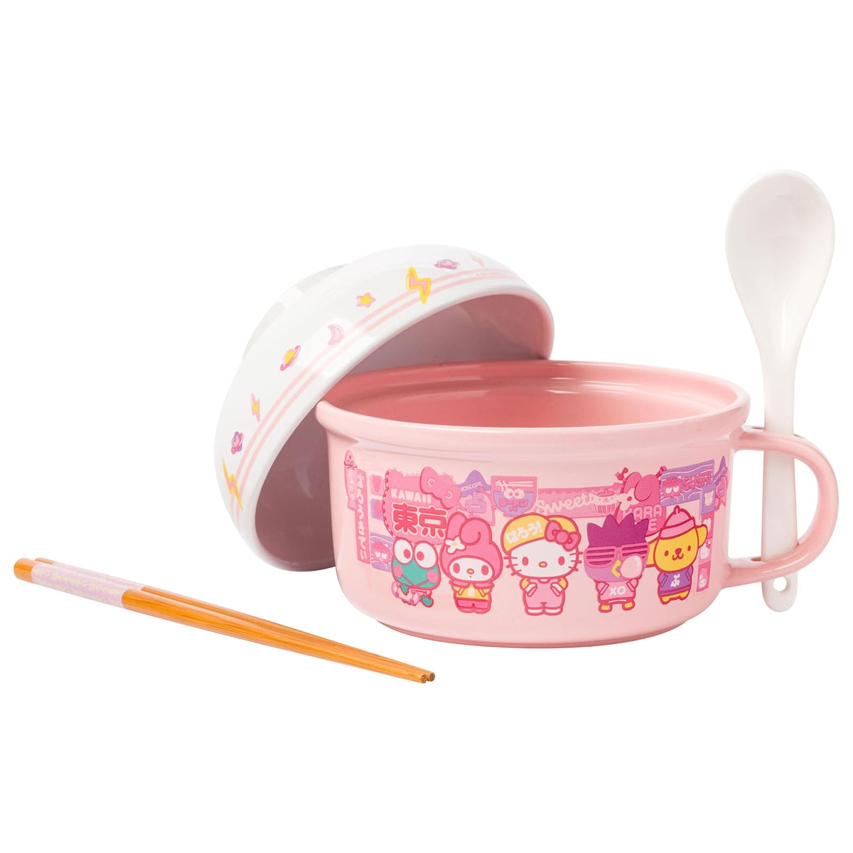 Silver Buffalo Taza de Sopa de Cerámica Peanuts, 24 oz - Hello Kitty and Friends: Tokyo Stop (juego de tapa de tazón)