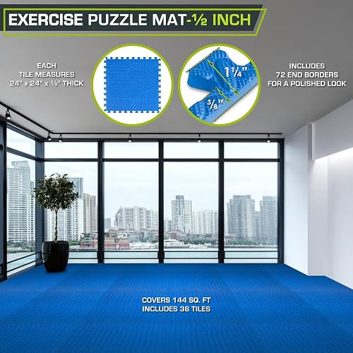 ProsourceFit Exercise Puzzle Mat 1/2-inch, EVA Interlocking Foam Floor Tiles for Home Gym, Workout Equipment, Kids Play Areas, Blue, 144 SQ FT - 36 Tiles