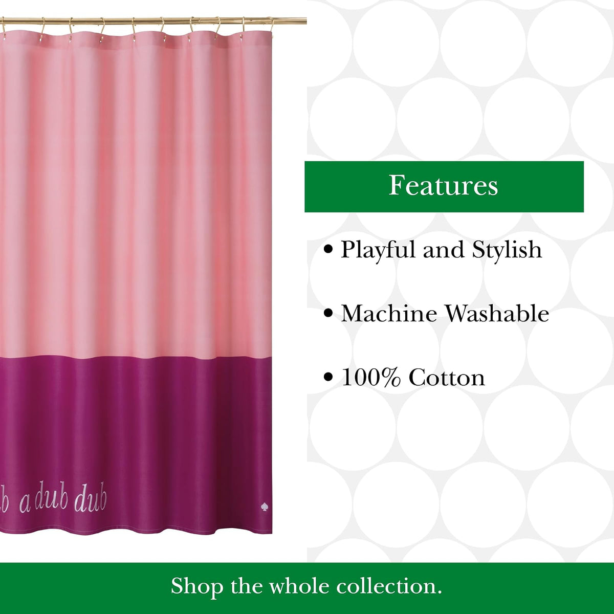 Kate Spade New York Scrub A Dub - Cortina de Ducha con Bloques de Color, 72 x 72 Pulgadas, Hecha de 100% algodón, Lavable a máquina, Cortina de Ducha Rosa de Dos Tonos